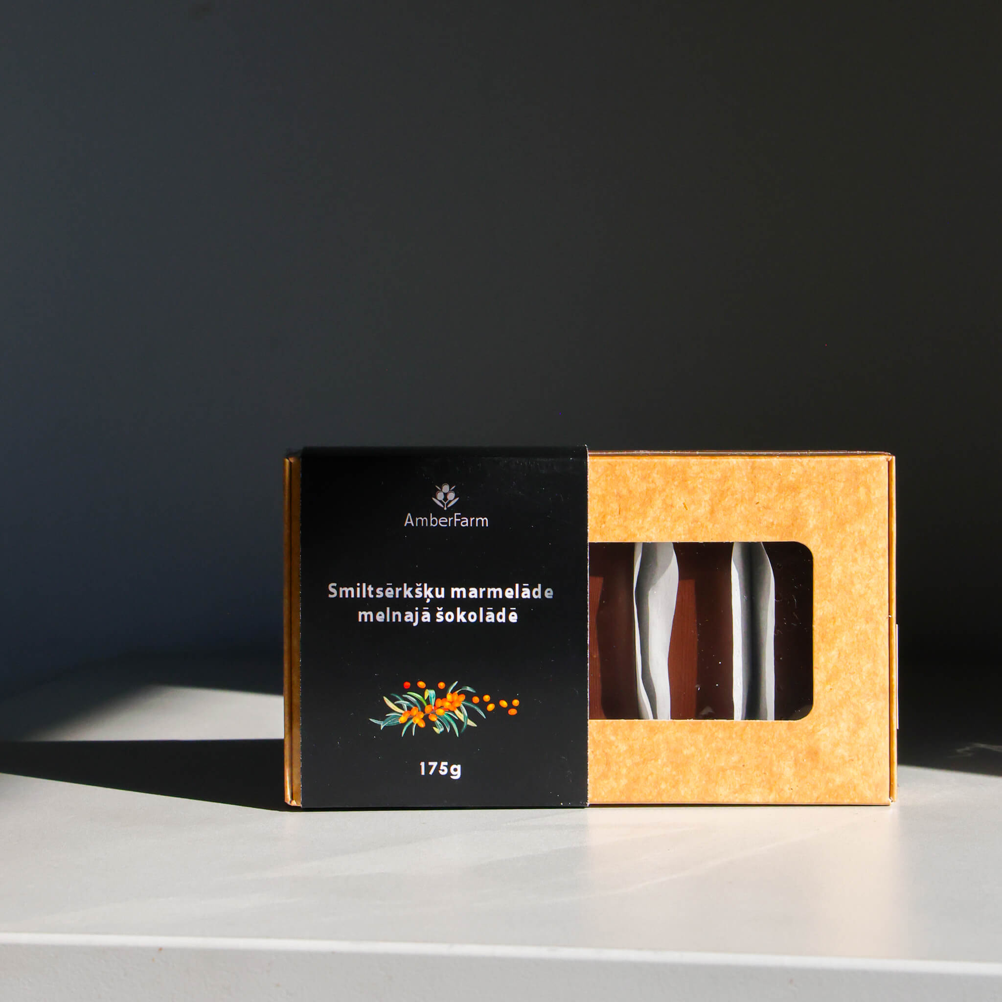 Marmelāde AmberFarm, smiltsērkšķu tumšajā šokolādē, 175 g
