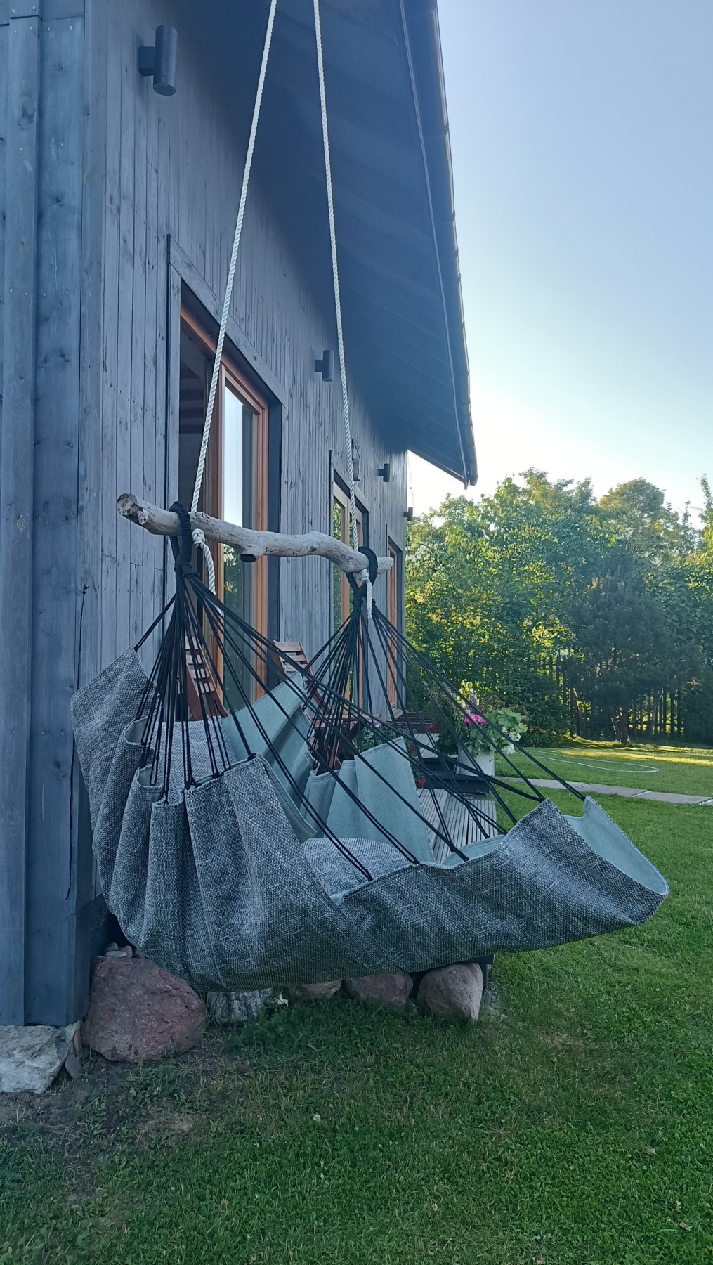 Šūpuļkrēsls Decochair, koks, tekstils, pelēkā, zaļā krāsā